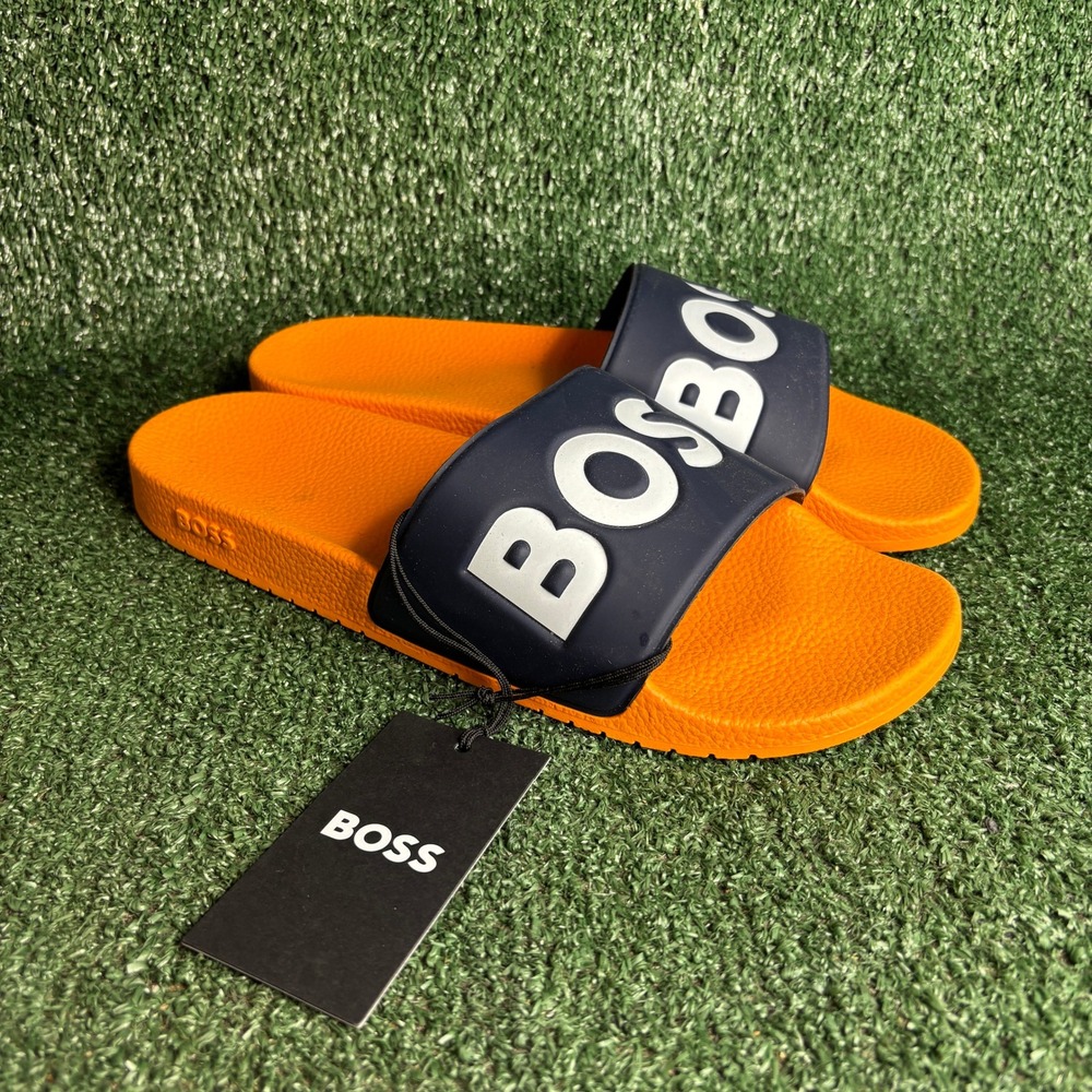 NEW‎ BOSS Aryeh Logo Rubber Pool Beach Sandal Slide Orange Navy Mens Size 12